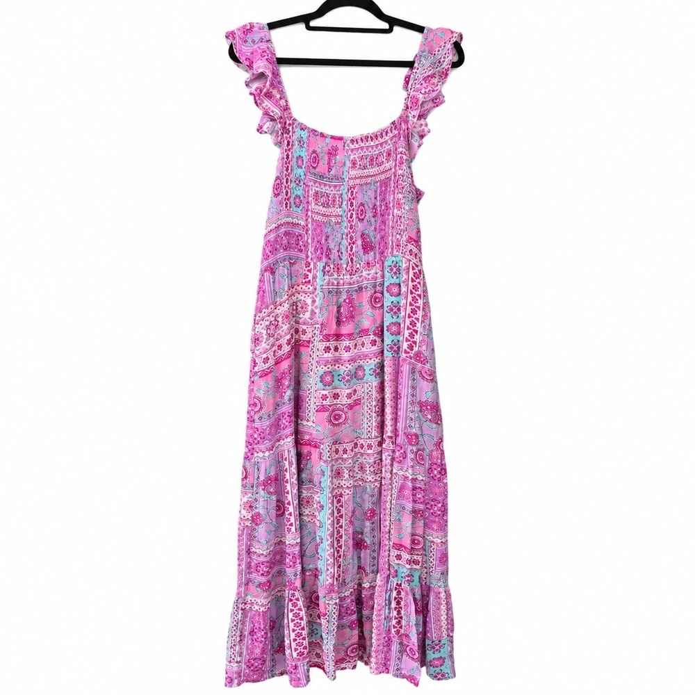 Fate Womens Medium Bodice Ruffle Maxi Dress Pink Boho Paisley Smocked NWT